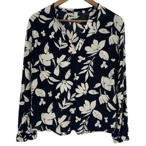 NO BRAND Lightweight Floral Notched V Neck Long Sleeve Blouse Black Size Medium